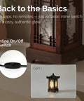 Detail of Handmade Korean Wood Lamp With Pagoda Design, close-up of wooden frame and inline switch, brown finish, warm ambient light