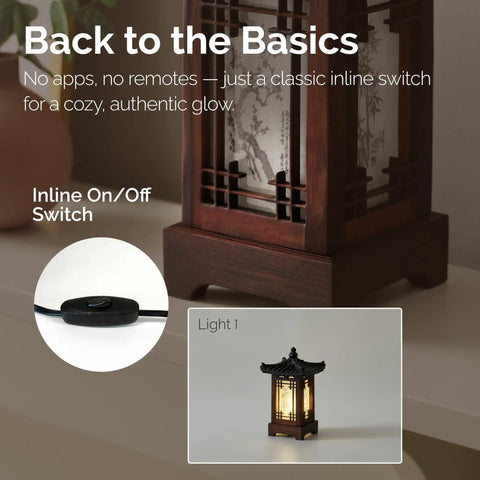Detail of Handmade Korean Wood Lamp With Pagoda Design, close-up of wooden frame and inline switch, brown finish, warm ambient light