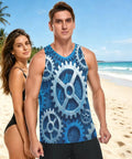 Men's Mechanical Gears Blue Muscle Tank Top Breathable Mesh Workout Shirt With Zipper Pocket Lightweight Moisture Wicking Gym Running Tee Grind Mode Activated Now on model at beach.