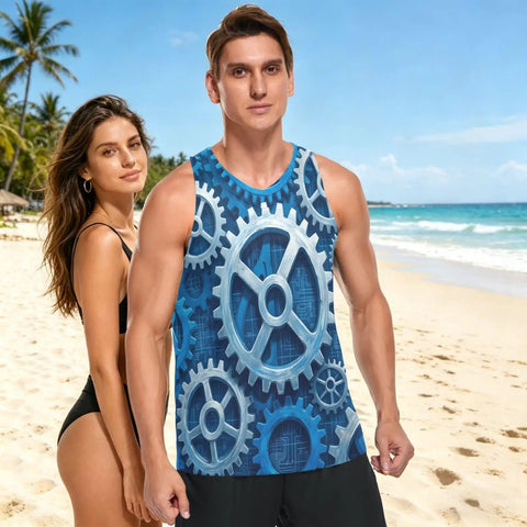 Men's Mechanical Gears Blue Muscle Tank Top Breathable Mesh Workout Shirt With Zipper Pocket Lightweight Moisture Wicking Gym Running Tee Grind Mode Activated Now on model at beach.