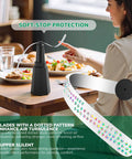 4 Pack Rechargeable Fly Fans For Tables Up To 10 Hours Of Use Indoors And Outdoors Keeps Flies Away Quiet Food Safe Table Fans With Hook Retractable Design For Home Restaurant Party Picnic Patio Black in use on dining table