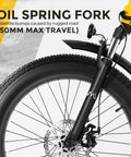 Oil spring fork detail of the Two Seater Adult Electric Trike With 750 Watt Rear Motor And Chunky Fat Tires For Effortless Street Cruising