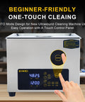 Hand pointing at the AUTO button on the control panel of the 15L Ultrasonic Cleaner With Heating And Dual Frequency Sweep For Jewelry Teeth Carburetors Labs And Auto Parts One Touch Easy Use.