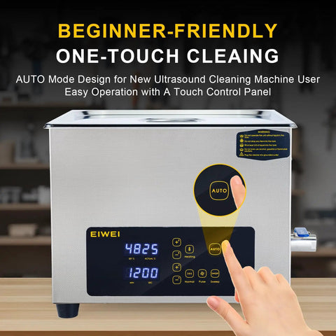 Hand pointing at the AUTO button on the control panel of the 15L Ultrasonic Cleaner With Heating And Dual Frequency Sweep For Jewelry Teeth Carburetors Labs And Auto Parts One Touch Easy Use.