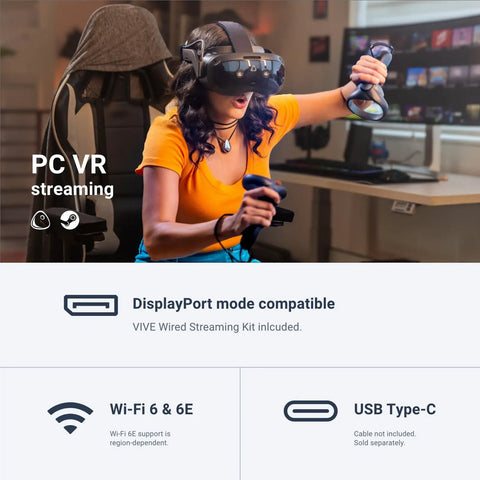 Person using Focus Vision XR Headset Bundle With DisplayPort PC VR Streaming Kit for standalone and PC VR gaming, no base station.