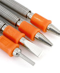 4 Piece Dual Head Nail Setter And Center Punch Kit With Hammerless Cold Chisel And Hinge Pin Removal, orange grips, engraved labels.