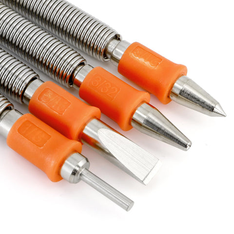 4 Piece Dual Head Nail Setter And Center Punch Kit With Hammerless Cold Chisel And Hinge Pin Removal, orange grips, engraved labels.