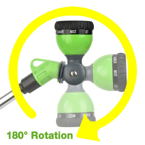 Close-up of Telescoping Watering Wand With 18 To 24 Inch Reach showing ratcheting head with 180° rotation and nozzle options.