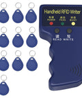 Portable RFID Writer And Card Duplicator For 125KHz Smart ID Access Control And Handheld Copier Rewriter With 10 Blank Writable T5577 Keychains Included Easy To Use On The Go showing device and keychains