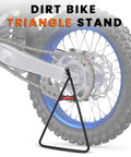 Side view of Beefy Heavy Duty Triangle Motorcycle Stand Universal Kickstand For 80 To 500cc Dirt Bikes Supermoto Motocross Enduro Dual Sport Durable Steel Construction Black, supporting a dirt bike wheel.