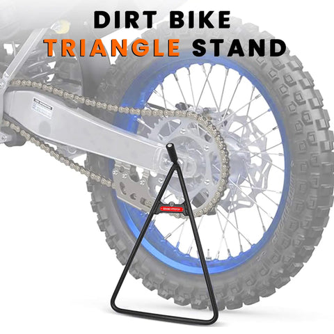 Side view of Beefy Heavy Duty Triangle Motorcycle Stand Universal Kickstand For 80 To 500cc Dirt Bikes Supermoto Motocross Enduro Dual Sport Durable Steel Construction Black, supporting a dirt bike wheel.