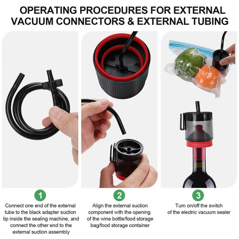 Instructions for using Handy Upgraded Four In One Electric Mason Jar Vacuum Sealer Kit with connectors and tubing for bottles.