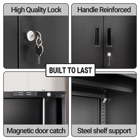 Heavy Duty Metal Storage Cabinet With Locking Doors And Adjustable Shelves, 36 Inch Tall Steel Cabinet, lock and shelf details
