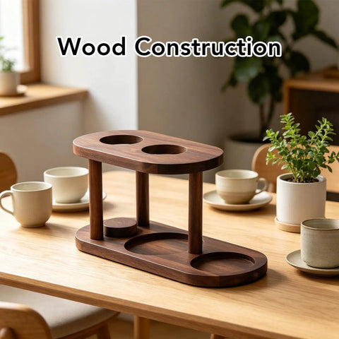 Top Shelf Solid Wood Pour Over Coffee Station With Elevated Drip Tray For Your Daily Brew And Kitchen Counter Coffee Game Setup Featuring Natural Wood Grain Vibes displayed on a wooden table with coffee cups.