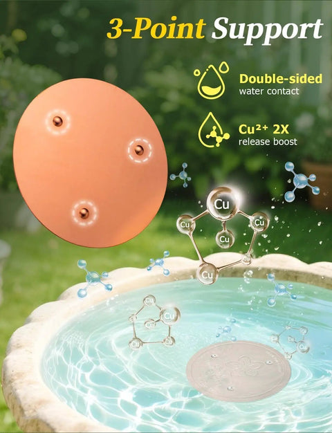 Copper Bird Bath Cleaning Disc for All Weather Water Care 0.6mm 99.99% Pure Copper disc showing 3-point support design on bird bath