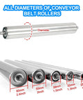 No Fuss Heavy Duty Stainless Steel Conveyor Rollers, Snap Fit Spring Loaded Gravity Track, Toolless Modular Warehouse Rack For Pro Shop Jobs, Smooth Haul System 2.4 By 13.8 Inches showing multiple diameters of stainless steel rollers.