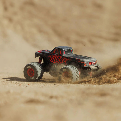 Quake GROM 4x4 RC Monster Truck One Sixteenth Scale Ready To Roll With Battery And Charger Included Brushed Power Red High Traction Drivetrain For Rough Terrain driving on dirt