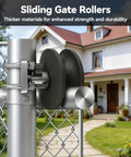 Heavy Duty Nylon Cantilever Sliding Gate Roller For Four Inch Posts And Two And Three Eighths Or Two And A Half Inch Chain Link Frames High Load Capacity Over Four Thousand Pounds Durable Cantilever Gate Hardware Single Roller installed on chain link fence near house
