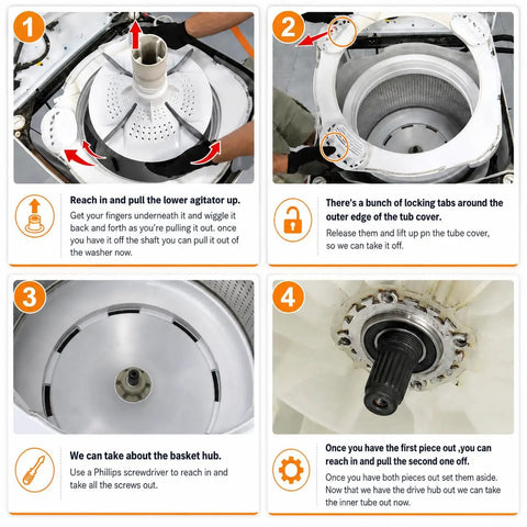 W10435302 Washer Tub Shaft Bearing And Rubber Seal Kit Compatible With Whirlpool Cabrio Washing Machine Models, installation guide steps shown.