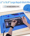 Hands working on electronics with Pro Grade Large Anti Static Mat With Grounding Accessories ESD Safe Heat Resistant Silicone Soldering Mat Magnetic Work Pad For PC Building Electronics Repair Laptop Cellphone Soldering 21.6 By 16.9 Inch.