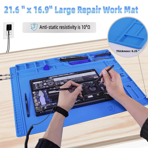 Hands working on electronics with Pro Grade Large Anti Static Mat With Grounding Accessories ESD Safe Heat Resistant Silicone Soldering Mat Magnetic Work Pad For PC Building Electronics Repair Laptop Cellphone Soldering 21.6 By 16.9 Inch.