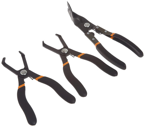 Three Piece Body Clip Pliers Set For Automotive Panels And Plastic Anchors With Center Pins, V Design Removal Tools displayed in a row