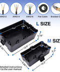 Outdoor Waterproof Electrical Box IP54 Weatherproof Outlet Cover for Extension Cords and Power Strips, showing size guide for L and M sizes.