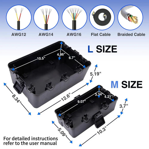 Outdoor Waterproof Electrical Box IP54 Weatherproof Outlet Cover for Extension Cords and Power Strips, showing size guide for L and M sizes.