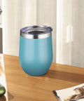12oz Double Wall Vacuum Insulated Stemless Wine Tumbler With Straw And Lid Stainless Steel Cup on a wooden table with a light blue finish.