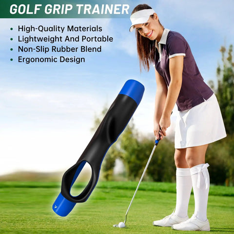 2 Pack Golf Grip Trainer Set For Right Hand, Your Game Changer Golf Training Aid To Correct Hand Position displayed with golfer