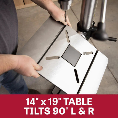 Shop Beast 17 Inch Floor Drill Press With 16 Variable Speeds And A Powerhouse 3/4 Horsepower Motor table tilting 90 degrees left and right, showing 14x19 inch cast iron table.