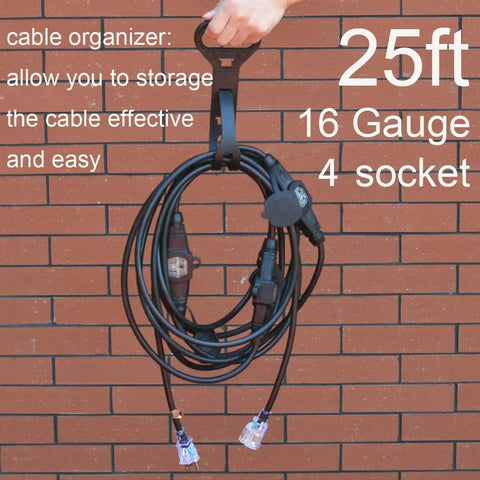 25ft Weatherproof Outdoor Extension Cord With Four Evenly Spaced Inline Outlets LED Indicator 16 Gauge 13 Amp on brick wall