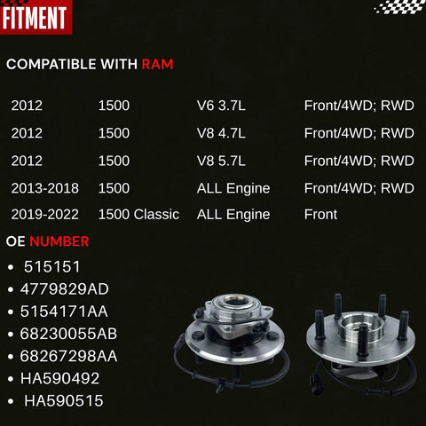Pair Front Wheel Bearing Hub Assembly For Ram 1500 2012 To 2018 And 2019 To 2022 Ram 1500 Classic 5 Lug With ABS OEM 515151
