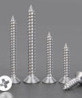 Wood Screws 210 Piece Assortment Kit, 304 Stainless Steel Phillips Drive displayed in multiple sizes on a gray surface