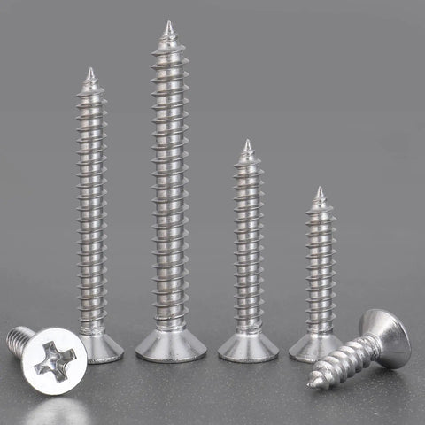 Wood Screws 210 Piece Assortment Kit, 304 Stainless Steel Phillips Drive displayed in multiple sizes on a gray surface