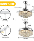 Diagram showing 36 Inch Invisible Ceiling Fan Chandelier With Retractable ABS Blades Remote Control Modern Crystal Design dimensions.