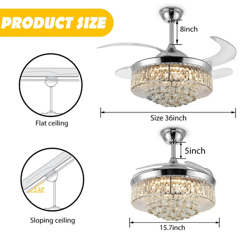 Diagram showing 36 Inch Invisible Ceiling Fan Chandelier With Retractable ABS Blades Remote Control Modern Crystal Design dimensions.
