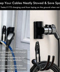 Heavy Duty EV Charging Cable Holder Wall Mount For Tight Garages With Wide J Hook to keep Tesla or J1772 cords off the floor, mounted on a wall.