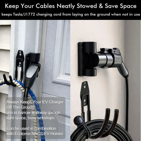 Heavy Duty EV Charging Cable Holder Wall Mount For Tight Garages With Wide J Hook to keep Tesla or J1772 cords off the floor, mounted on a wall.