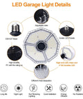Diagram displaying Ultra Bright 140W LED Garage Light With 3 Adjustable Panels 18500 Lumens 6000K details and features