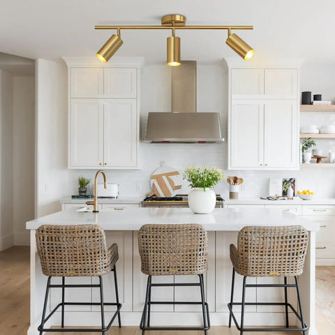 Brushed Brass LED Adjustable Track Lighting Kit With Pivoting Heads, 3 Light Ceiling Spotlight Track System For Kitchen And Living Spaces, Mid Century Modern Flush Mount Fixture For A Lit Ambience