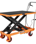 Heavy Duty Hydraulic Lift Table Cart With 1100 Lb Capacity Reliable Pump Smooth Operation Easy To Use For Material Handling Tasks Portable Work Station with orange and black design.