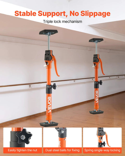 Front view of two orange VEVOR cabinet jack support poles, 2-pack, steel telescoping rods with clamps
