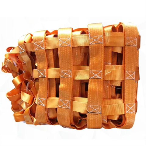 Beefy Heavy Duty Polyester Lifting Net for cargo, garden, and industrial tasks, orange hand-stitched tear-resistant net