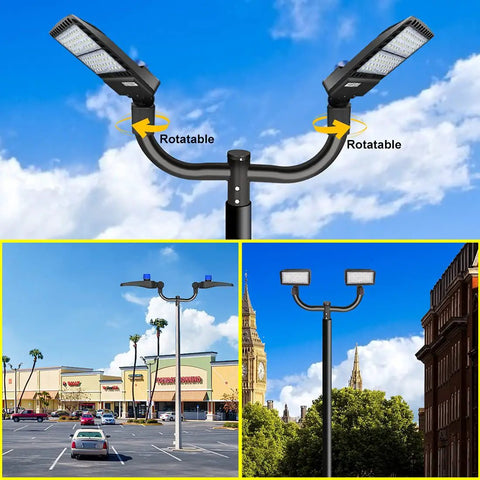 Dual Bullhorn Mounting Bracket for Two LED Parking Lot Lights on 180 Degree Round Pole with Tenons for Outdoor Lighting