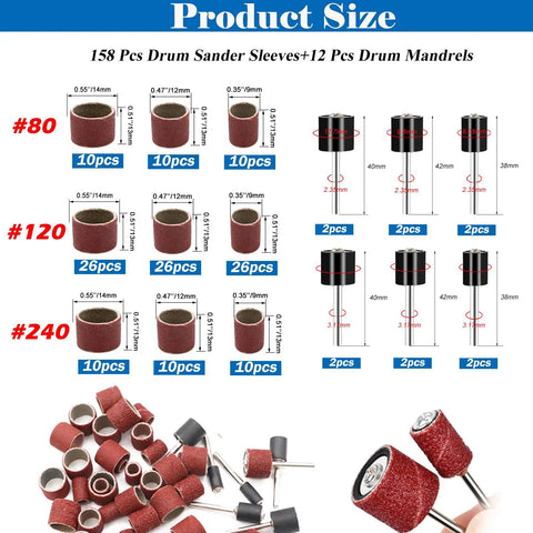 Aluminum Oxide Sanding Drum Kit with 198 Sanding Bands in 80 120 240 Grits and 12 Mandrels for Dremel Rotary Tools