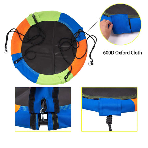 40 Inch Kids Saucer Tree Swing Set With 600D Heavy Duty Oxford Fabric Platform Seat, Steel Frame And Carabiner Support, Supports Up To 550 Lb, Backyard Outdoor Play Equipment For Trees. Multicolor fabric detail with carabiner.