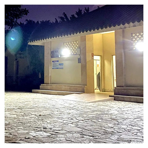 Heavy Duty Solar Led Flood Light With Remote Control illuminating a building entrance at night for security.