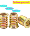 Built To Last Durable Threaded Insert Nuts For Wood With Hex Drive M5x10mm Set Of 20 shown with zinc-plated surface and hex drive opening.