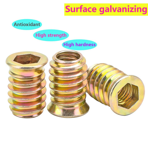 Built To Last Durable Threaded Insert Nuts For Wood With Hex Drive M5x10mm Set Of 20 shown with zinc-plated surface and hex drive opening.